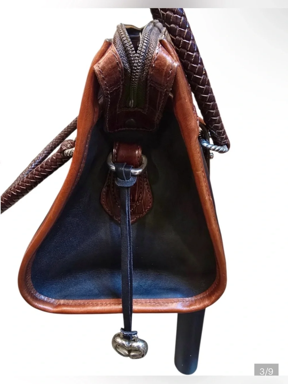 Vintage Brighton Black & Brown Leather Croc Trim Satchel with Heart Accent